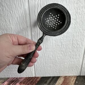 Antique 1920s Silver Plated Round Tea Strainer Tarnished Black Wood Handle 6.75"